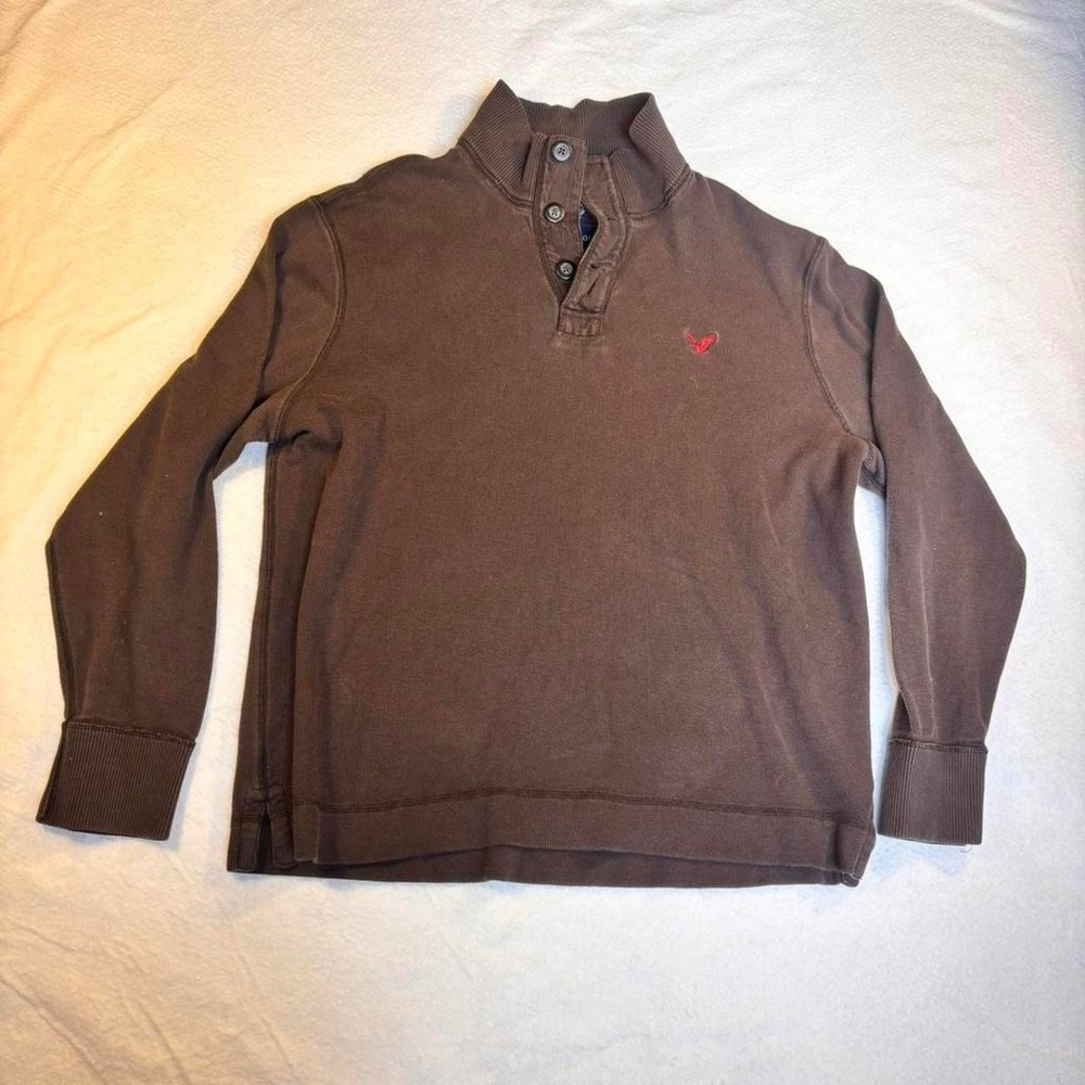 American Eagle Outfitters Pullover Sweatshirt XL Brown Mock Neck Henley Logo